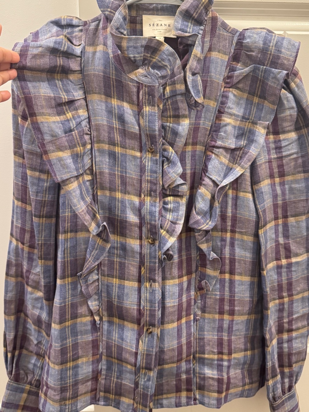 Sezane Lavender and Plum Plaid Ruffle-Front Blouse